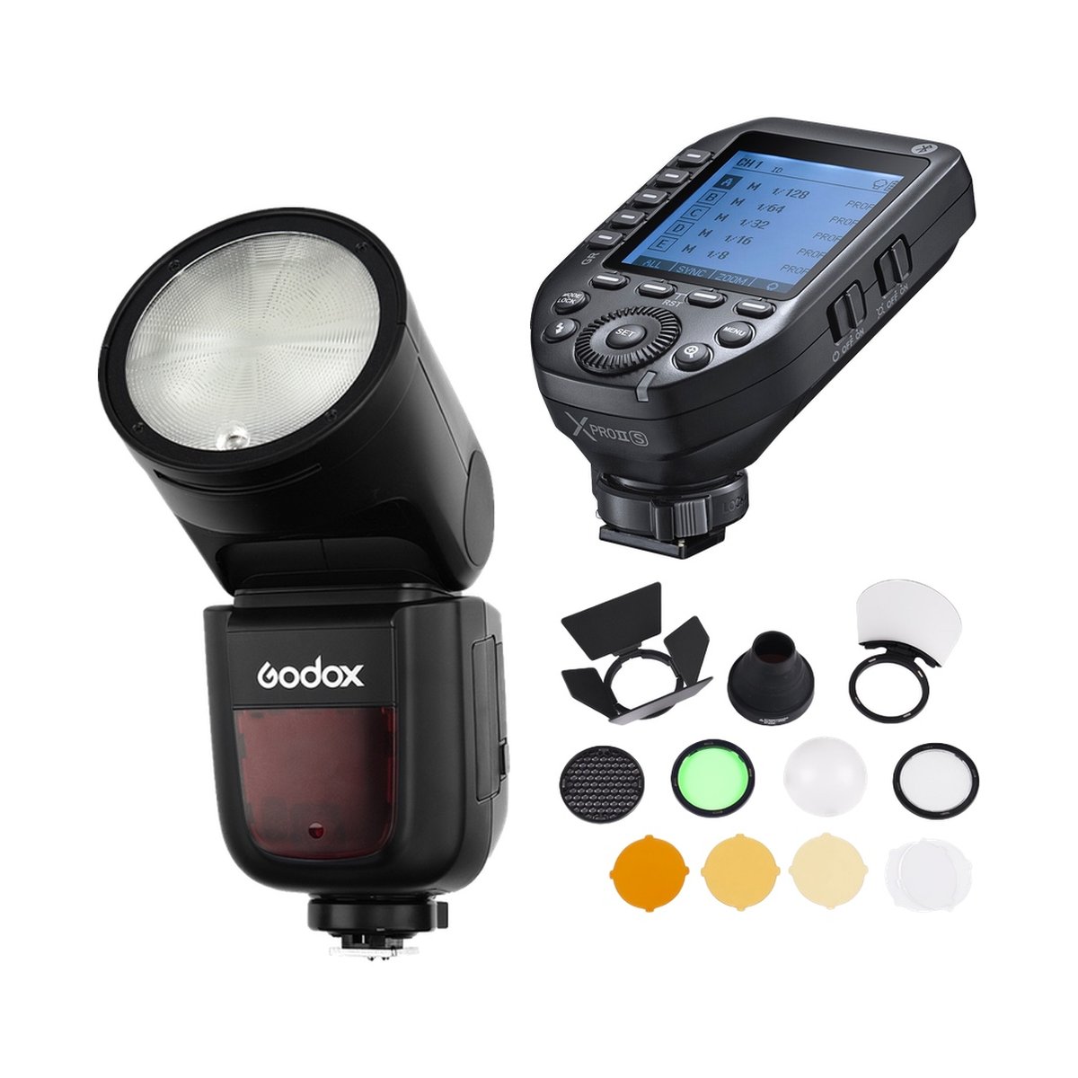Godox Speedlite V1 Sony X-PRO II Trigger Accessories Kit - Lieferumfang: Godox Blitz, XProS Trigger und Blitz-Zubehör auf weißem Hintergrund