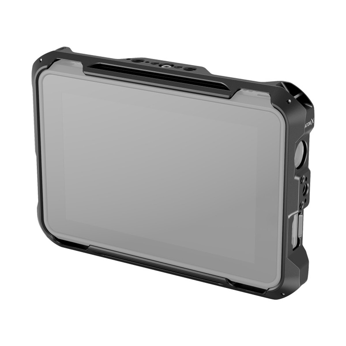SmallRig 3456 Atomos Shinobi 7 Cage Kit - 3/4 Ansicht eines schwarzen Monitor-Recorders im Schutzrahmen