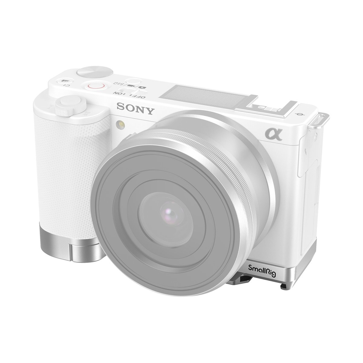 SmallRig 3524 Erweiterungsgriff Sony ZV-E10, silber - Weiße Sony Alpha Kamera mit SmallRig Kamerakäfig, schräge Frontansicht.