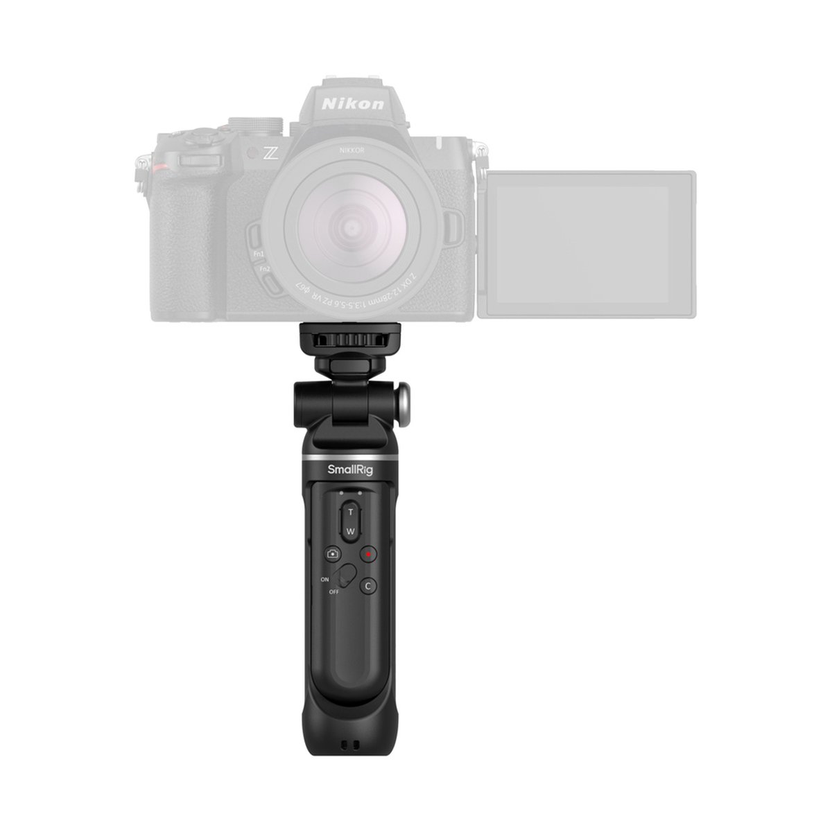 SmallRig 4551 SR-RG2 Multifunctional Wireless Shooting Grip, Handgriff - Anwendungsbeispiel: SmallRig Griff mit Steuertasten an Nikon Kamera befestigt, Frontansicht