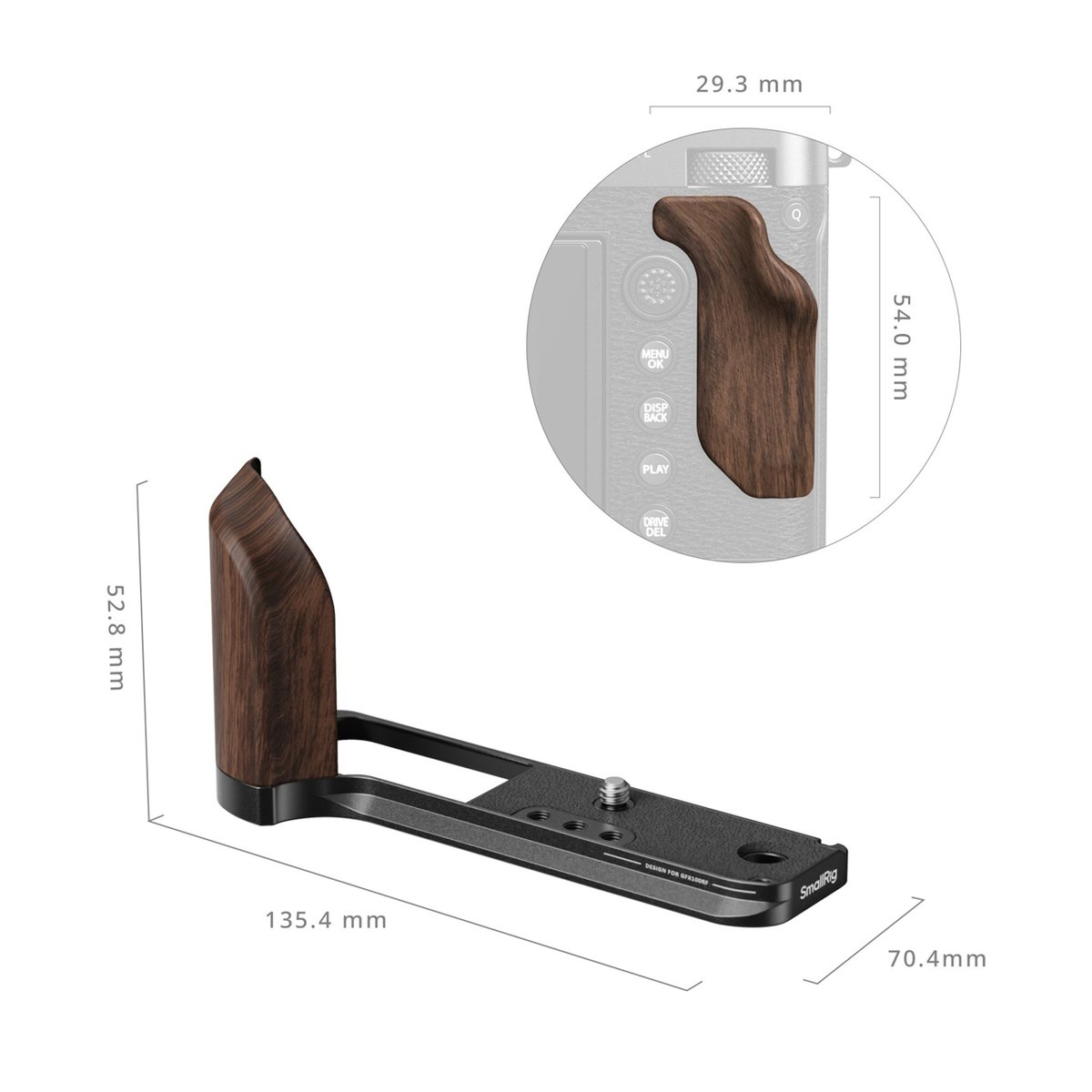 SmallRig 5266 L-Shape Mount Plate with Wooden Handle f. Fujifilm GFX100RF blk. - Maßzeichnung des Kameragriffs mit Holzgriff und Arca-Swiss-Platte, Detailansicht der Griff-Montage an Kamera.