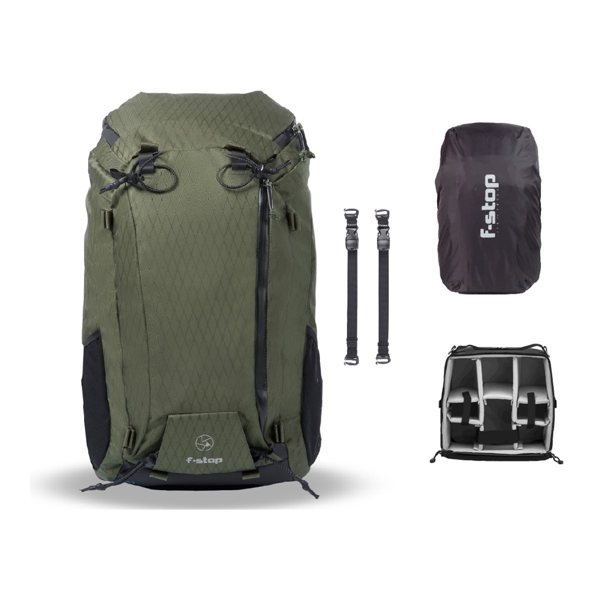 F-Stop DuraDiamond Ajna Bündel - Zypresse - Lieferumfang: Grüner F-stop Rucksack mit Regenhülle, Befestigungsriemen und Kameraeinsatz. F-Stop DuraDiamond Ajna Bündel - Zypresse - Lieferumfang: Grüner F-stop Rucksack mit Regenhülle, Befestigungsriemen und Kameraeinsatz.