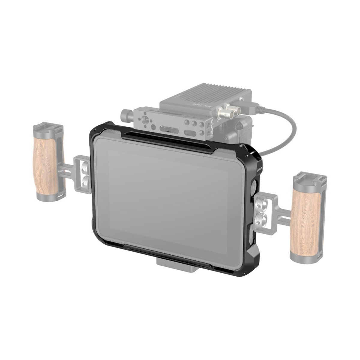 SmallRig 3456 Atomos Shinobi 7 Cage Kit - Anwendungsbeispiel: Schwarzer Monitor-Käfig mit montierten Holzgriffen