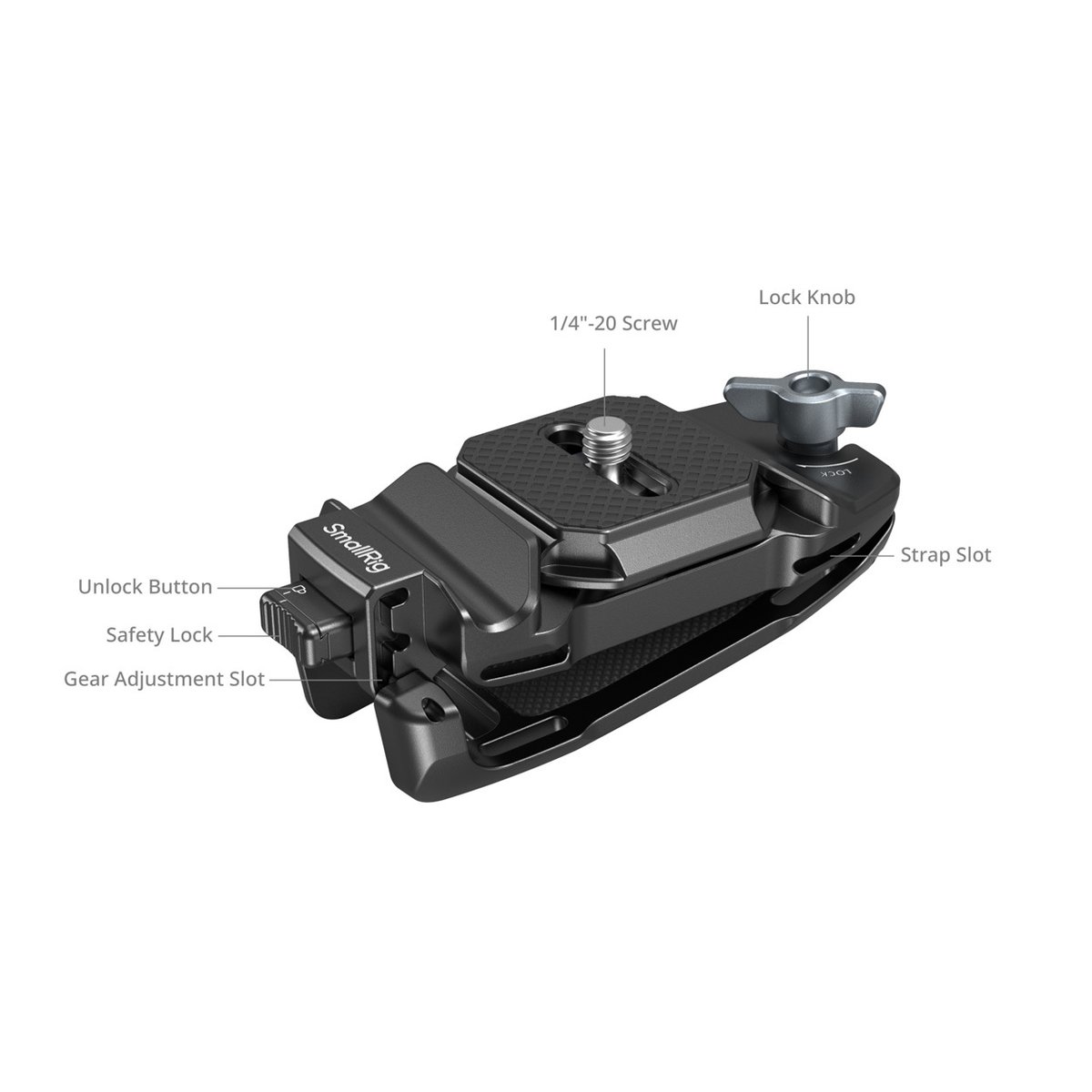 SmallRig 5053 Camera Clip mit QR Mount Plate Kit - Produkt mit Beschriftungen der Hauptmerkmale und Funktionen