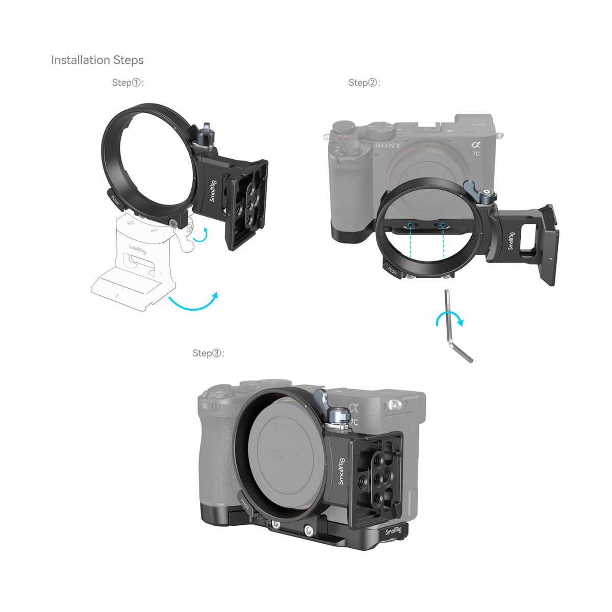 SmallRig 4570 Horizontal-to-Vertical Mount Plate Kit f. Sony Alpha 7C II/7CR - Installationsschritte der Kamera-Basisplatte an der Sony Alpha 7C.