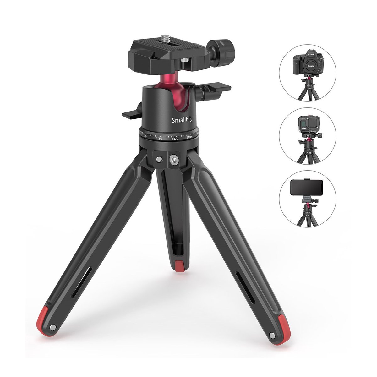 SmallRig 2664 Tabletop Mini Stativ mit Panorama Kugelkopf - Frontansicht des SmallRig Tischstativs mit Kugelgelenk und Anwendungsbeispielen für Kamera, Actioncam, Smartphone