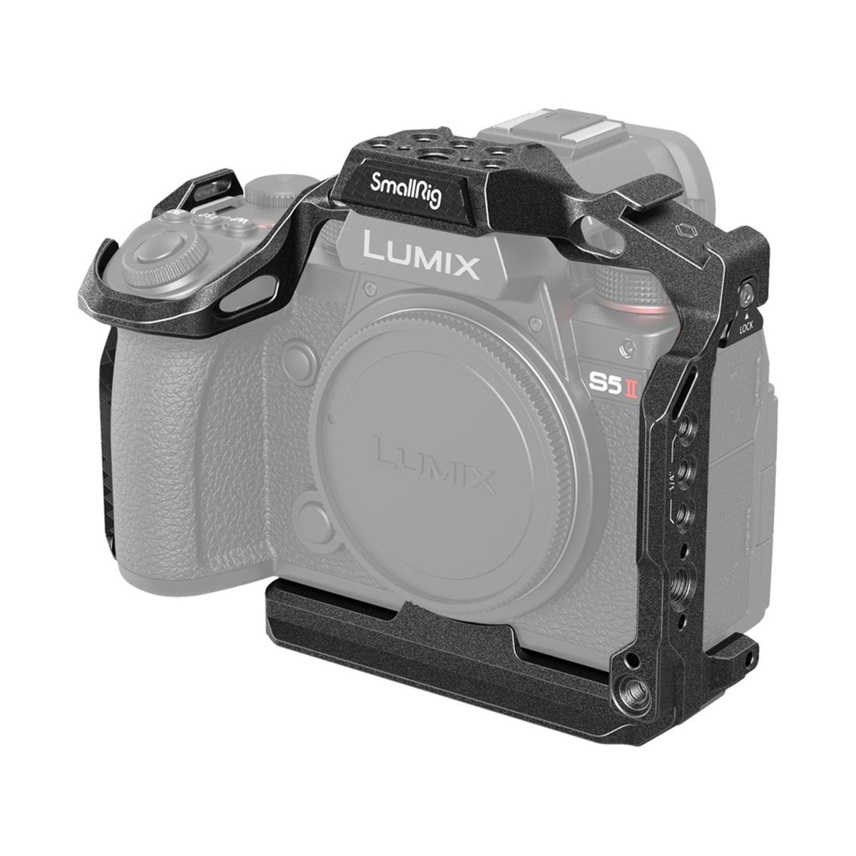 SmallRig 4023 Cage Black Mamba für Panasonic Lumix G9 II, S5 II, S5 IIX - Anwendungsbeispiel: SmallRig Kamerakäfig an Lumix S5 II Kamera, von vorne rechts
