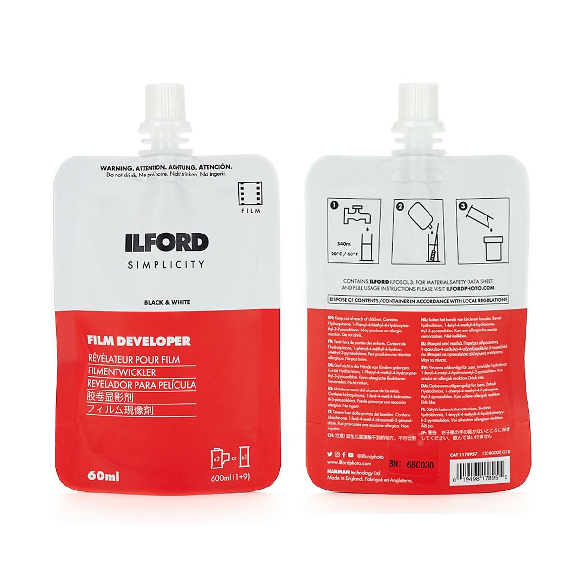 Ilford Simplicity Starter Kit Fotochemie zur SW-Filmentwicklung (2xKB oder 1xRF) - Produktansicht Front- und Rückseite