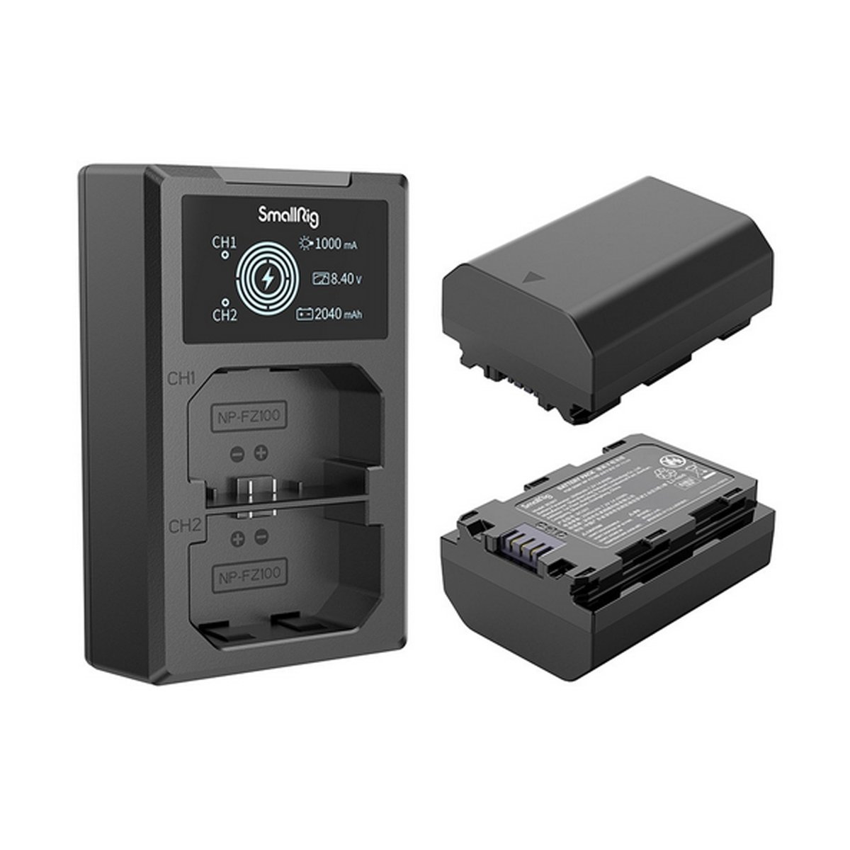 SmallRig 3824B NP-FZ100 Kamera-Akku und Ladegerät Kit - Lieferumfang: SmallRig Dual-Ladegerät mit Display und zwei NP-FZ100 Akkus