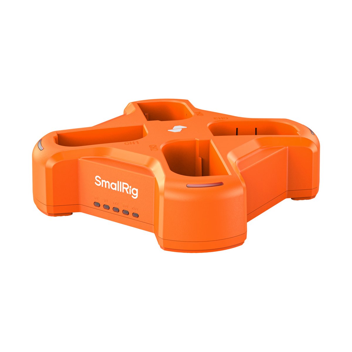 SmallRig 4838 LP-E6NH 4-Channel Camera Battery Charger - Schräge Ansicht des orangefarbenen SmallRig Vierfach-Akkuladegeräts