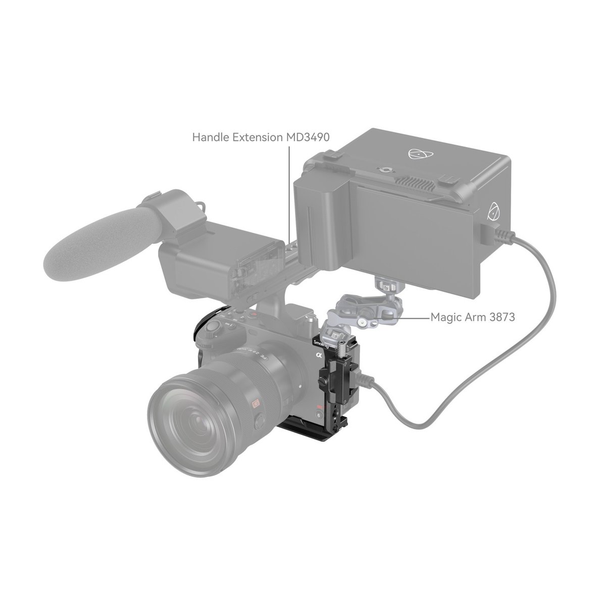 SmallRig 4183 Cage für Sony FX30/FX3 - Anwendungsbeispiel der Griffverlängerung MD3490 und des Magic Arm 3873 an einem Kamera-Rig.