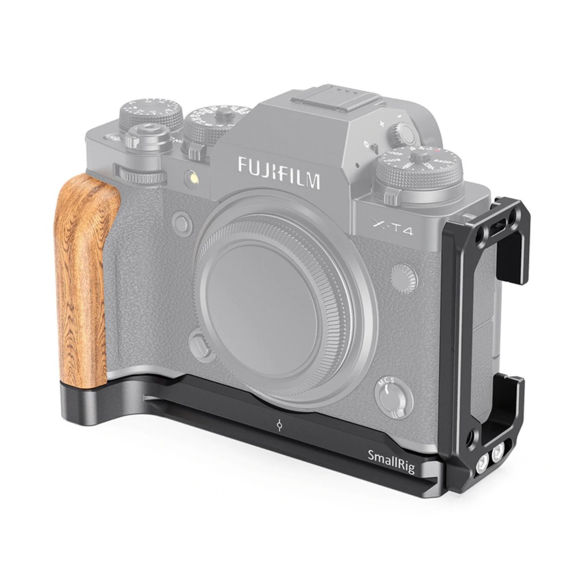 SmallRig LCF2811 L-Bracket für Fujifilm X-T4 - Anwendungsbeispiel an Kamera, Frontansicht: SmallRig L-Bracket mit Holzgriff. SmallRig LCF2811 L-Bracket für Fujifilm X-T4 - Anwendungsbeispiel an Kamera, Frontansicht: SmallRig L-Bracket mit Holzgriff.