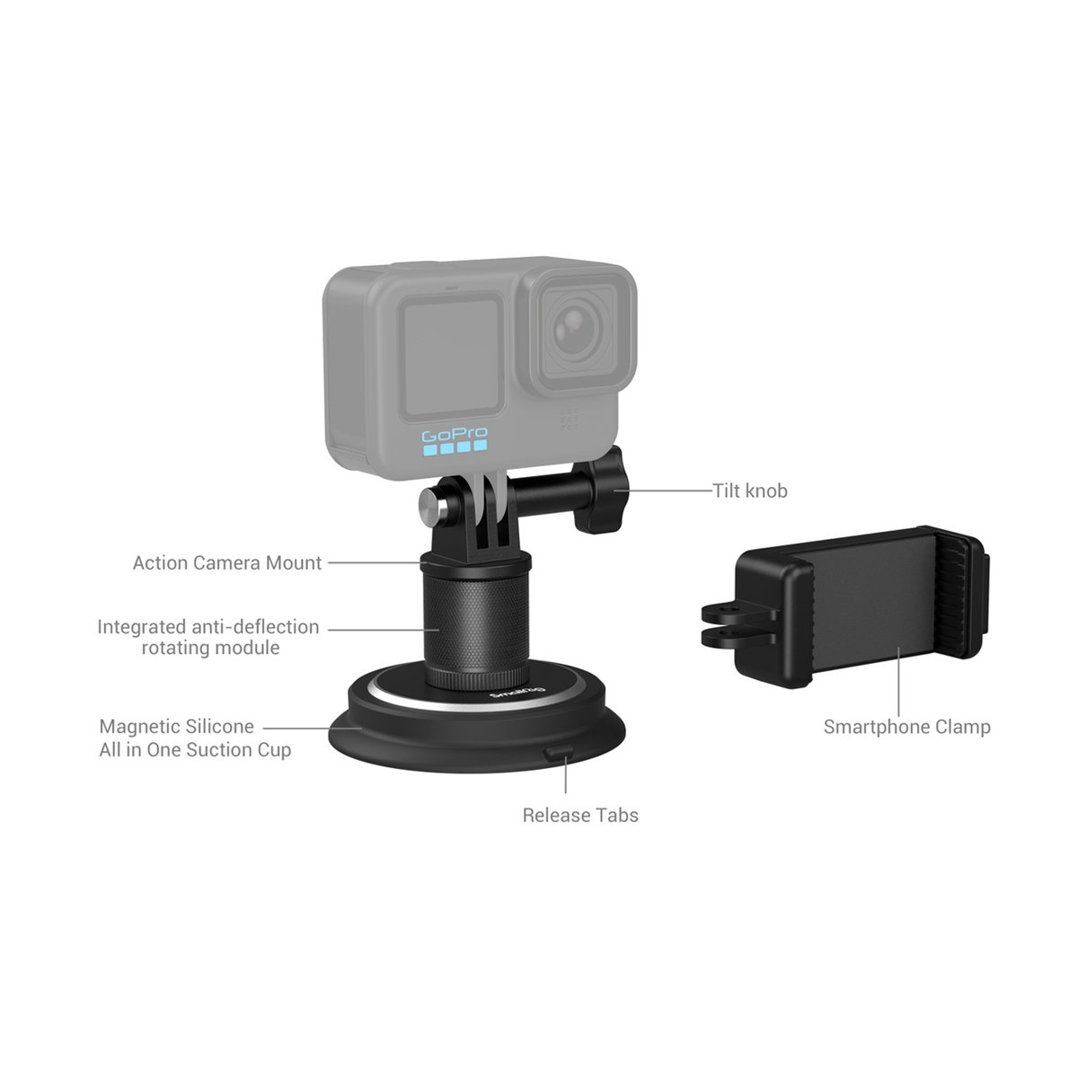 SmallRig 4347 Saugnapf-Montagehalterung für Action-Kameras - BESCHREIBUNG: Detaillierte Komponentenübersicht des Saugnapfhalters: Action-Kamera-Mount, GoPro-Kamera, Smartphone-Klemme, mit Beschriftungen.