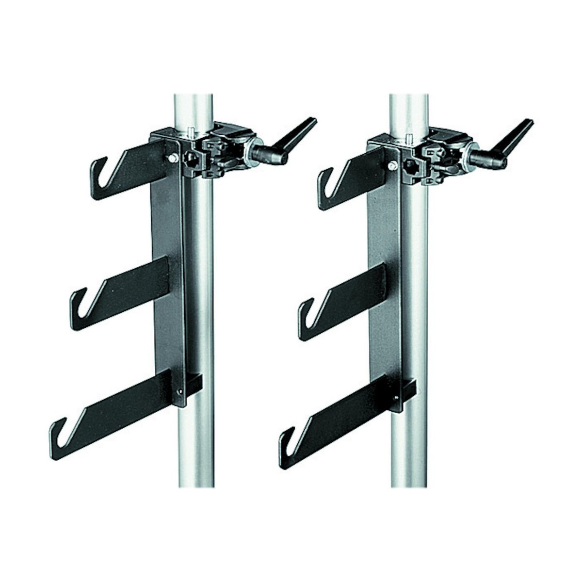Caruba Hintergrundhalterhaken (für Hintergrundrollensystem) mit Superclamps Set - Detailansicht: Zwei schwarze Haltearme mit je zwei Haken für Ständer