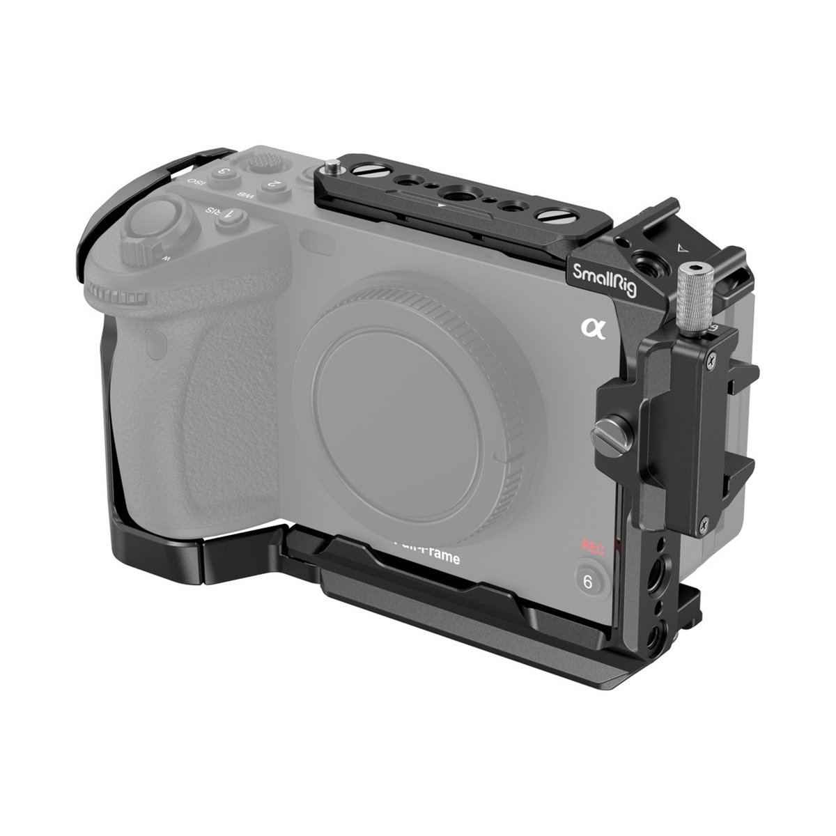 SmallRig 4183 Cage für Sony FX30/FX3 - Anwendungsbeispiel: Schwarzer SmallRig Kamerakäfig von schräg vorne auf einer Kamera montiert.