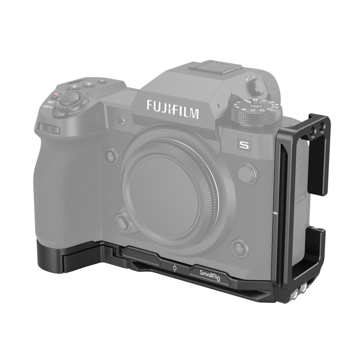 SmallRig 3928B L-Bracket für Fujifilm X-H2 / X-H2S - Anwendungsbeispiel: Schwarzes SmallRig L-Bracket/Käfig an Fujifilm Kamera, 3/4-Ansicht.