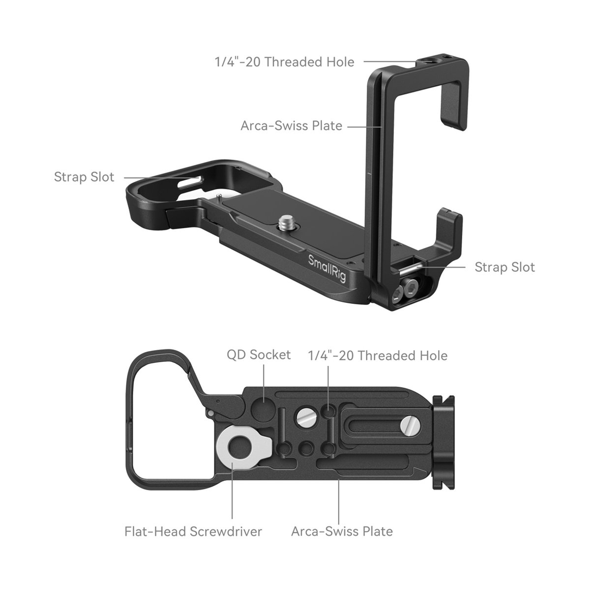 SmallRig 4569 L-Bracket für Sony Alpha 7C II/Alpha 7CR - Detailansicht der SmallRig L-Halterung mit beschrifteten Funktionen: Gewinde, Arca-Swiss Platte, Gurtösen, QD-Buchse.