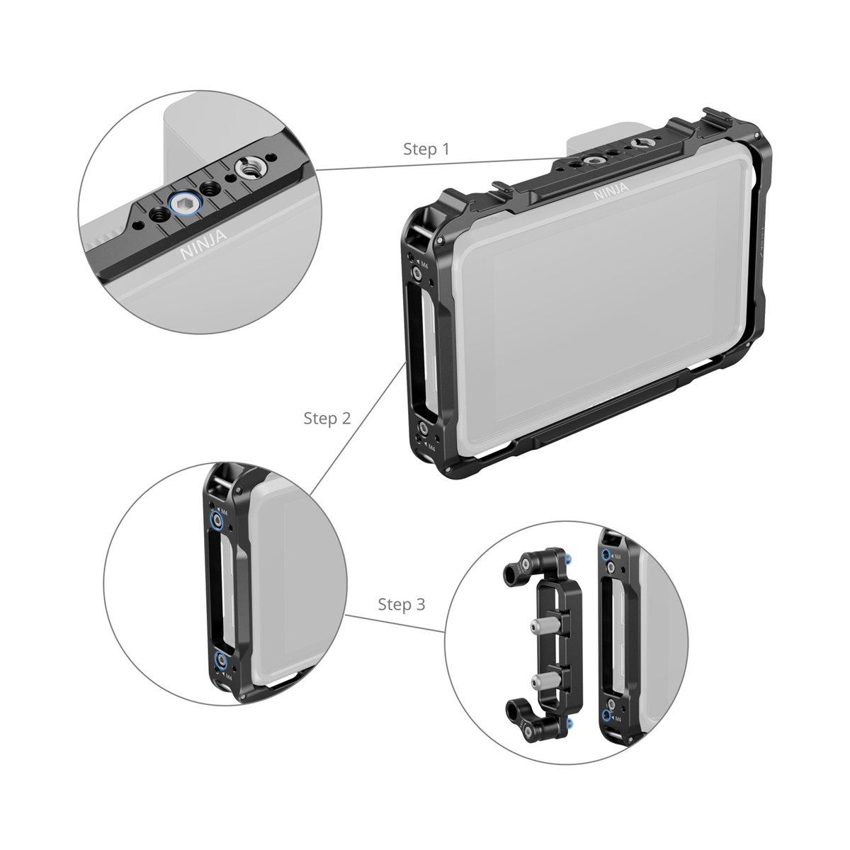 SmallRig CMA2209B Cage für Atomos Ninja Serie - Montageanleitung: Anbringen eines Handgriffs am Monitor-Cage in 3 Schritten, mit Detailansichten. SmallRig CMA2209B Cage für Atomos Ninja Serie - Montageanleitung: Anbringen eines Handgriffs am Monitor-Cage in 3 Schritten, mit Detailansichten.