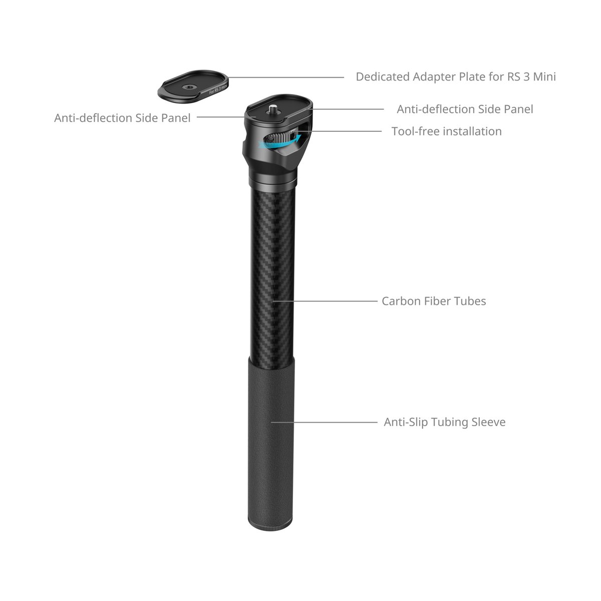 SmallRig 4378 Extension Arm für DJI Stabilizer - Aufschlüsselung der Funktionen des Verlängerungsstabs: Adapterplatte für RS 3 Mini, Carbonrohre, Anti-Rutsch-Hülle.