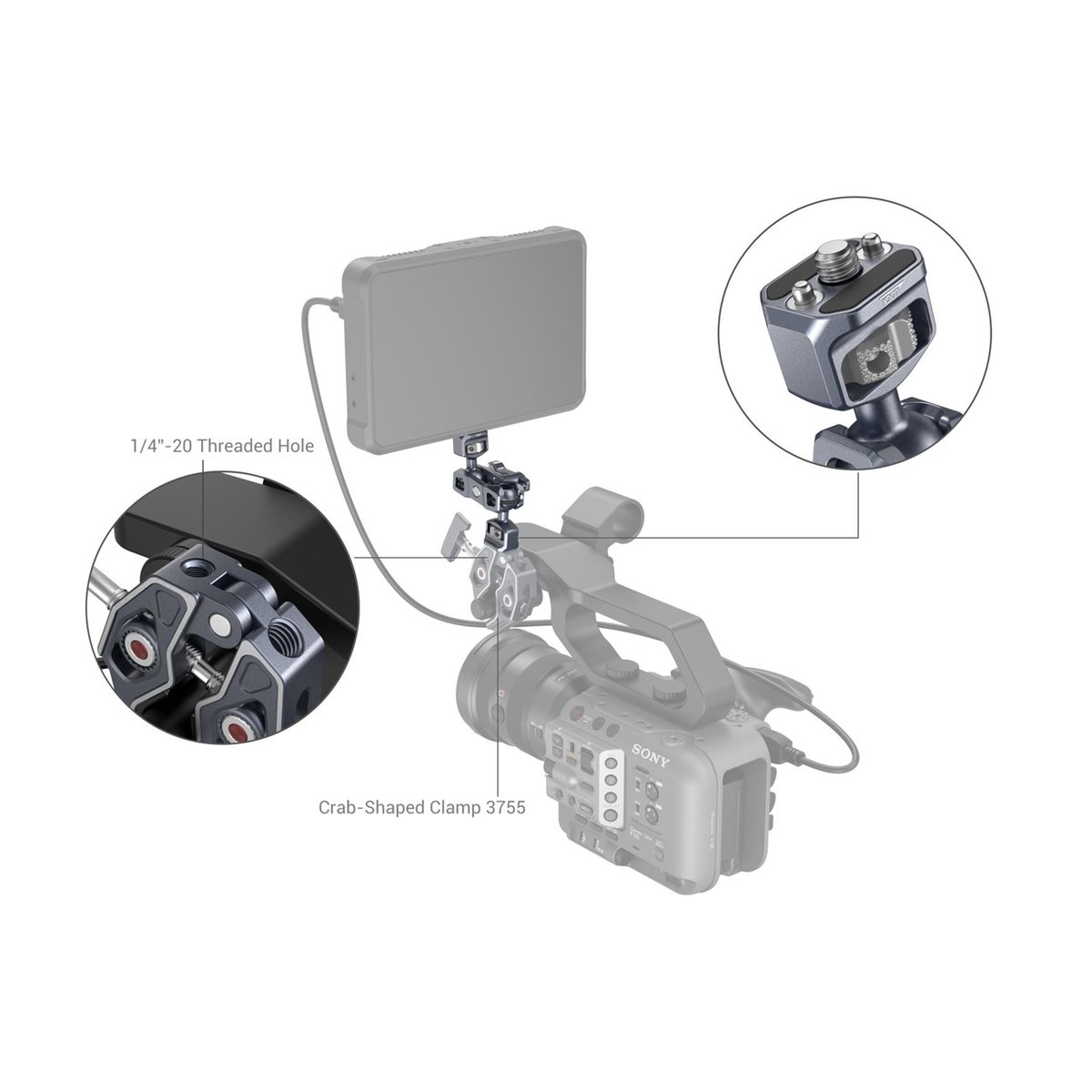 SmallRig 3873 Magic Arm mit Doppelkugelkopf (1/4"-20-Schrauben) - Anwendungsbeispiel der Krabbenklemme 3755 zur Befestigung eines Monitors an einer Kamera, mit Detailansichten. SmallRig 3873 Magic Arm mit Doppelkugelkopf (1/4"-20-Schrauben) - Anwendungsbeispiel der Krabbenklemme 3755 zur Befestigung eines Monitors an einer Kamera, mit Detailansichten.