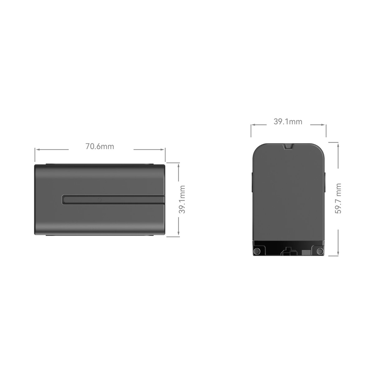 SmallRig 4073 NP-F970 Camera Battery, Li-Ion Akku - Maßzeichnung mit Seiten- und Vorderansicht des Produkts, inklusive detaillierter Abmessungen.