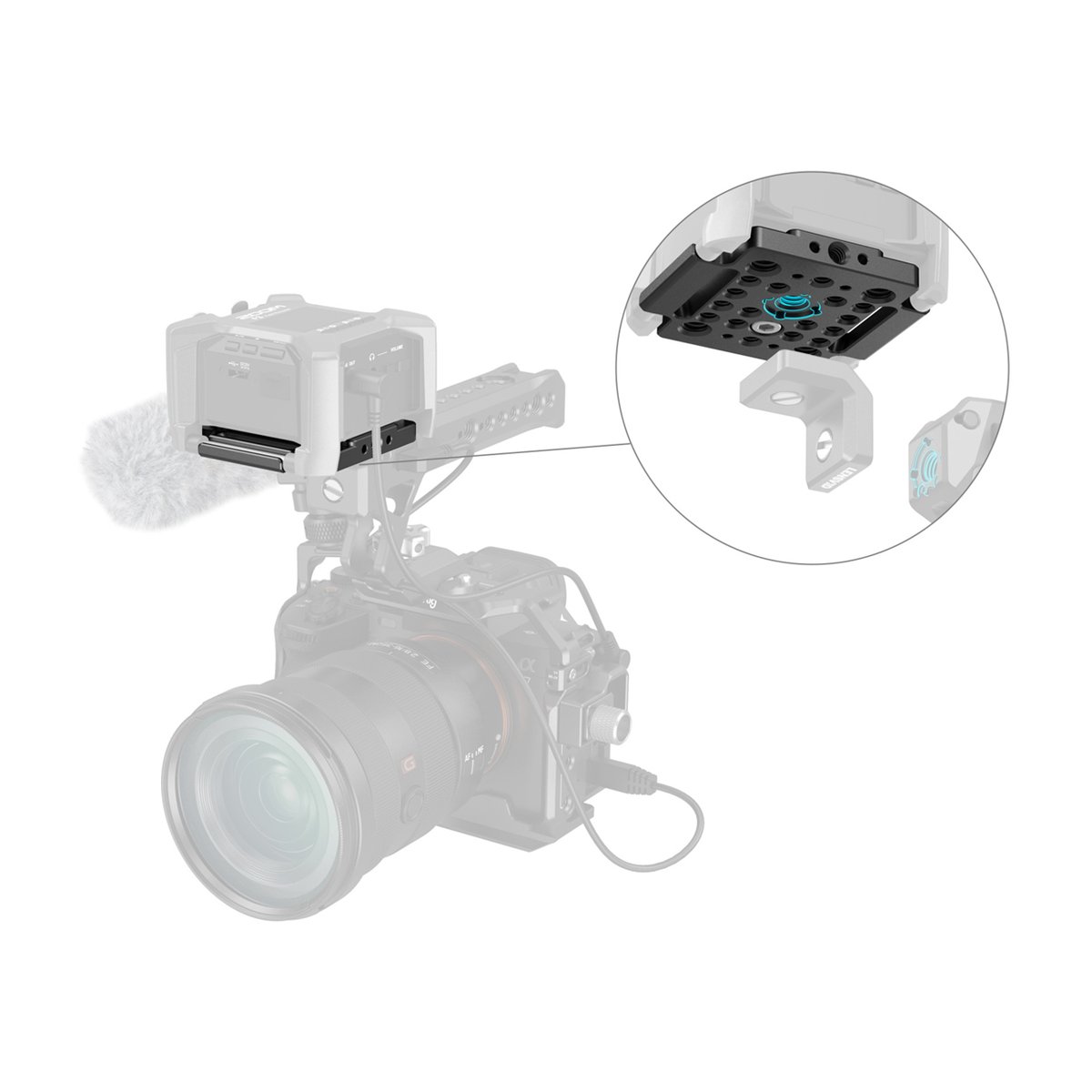 SmallRig 4883 Mount Plate for Zoom F3 - Anwendungsbeispiel: Externes Gerät am Kamerarig, Detail der Bodenplatte