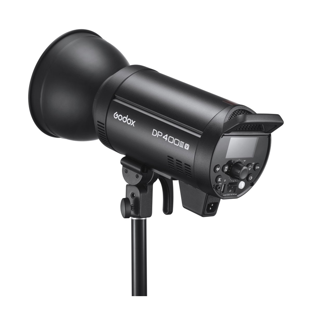 Godox DP400III-V Studio Flash - Frontansicht des Godox DP400III V Studioblitzes mit Reflektor auf Stativ