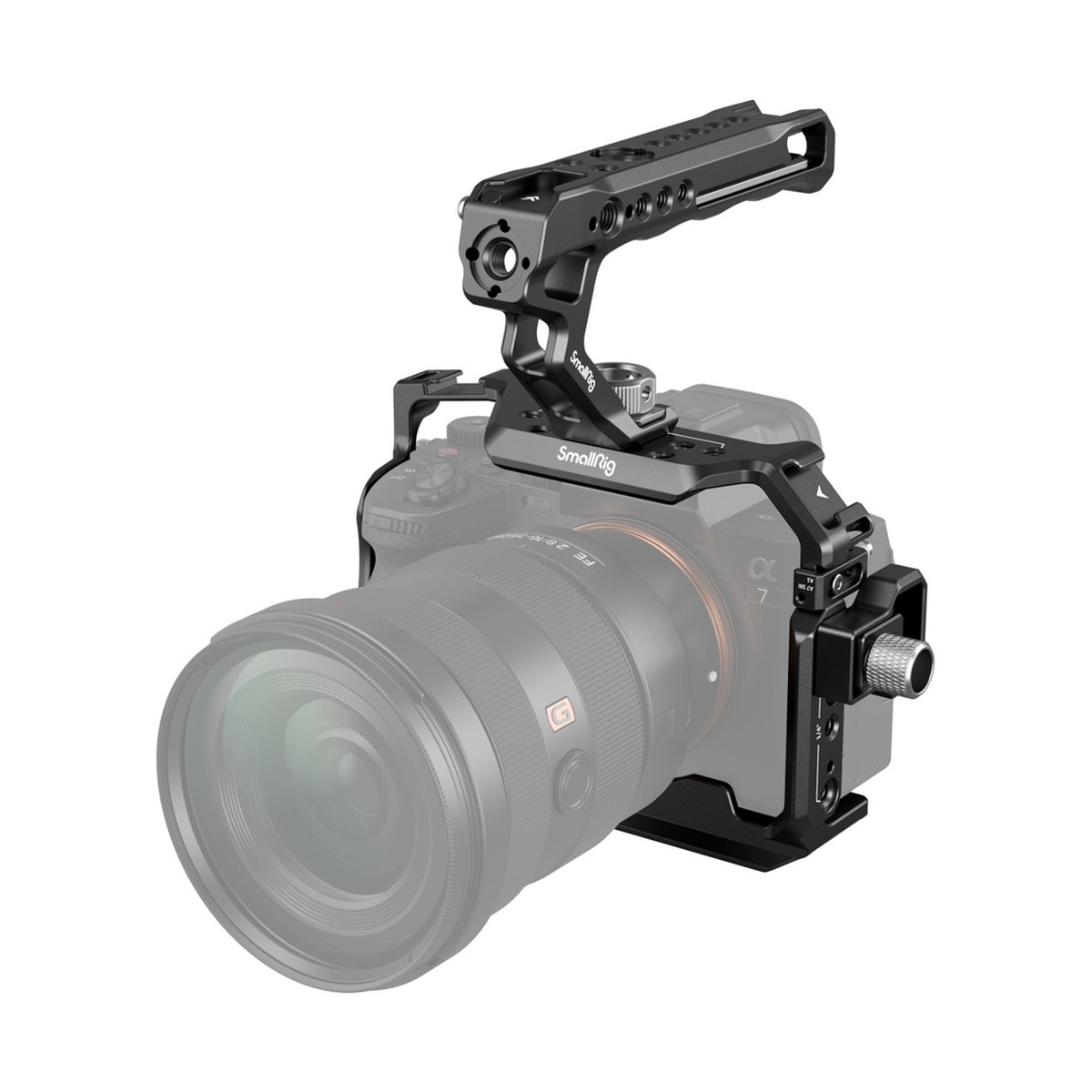 SmallRig 3668B Basic Kit für Sony Alpha 7R V / Alpha 7 IV / Alpha 7SIII - Anwendungsbeispiel: SmallRig Kamera-Cage und Top-Griff montiert an einer digitalen Kamera mit Objektiv