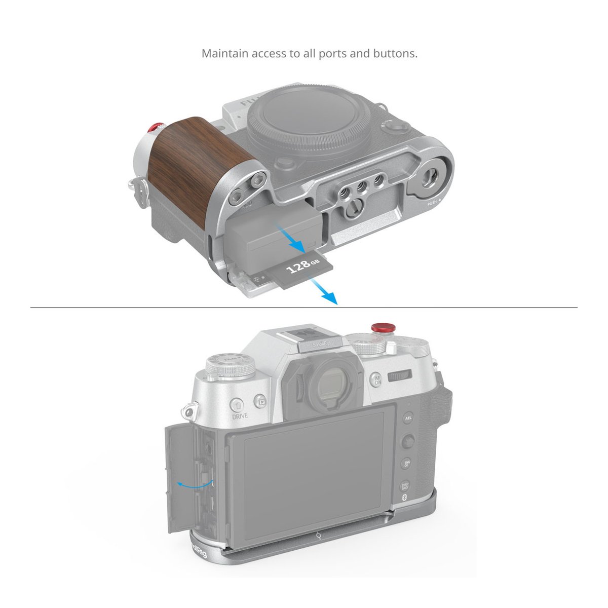SmallRig 4735 Wooden L-Shape Handle für Fujifilm X-T50 silver - Detailansicht Kamera mit Produkt: Zeigt uneingeschränkten Zugriff auf Akku-/SD-Kartenfach und seitliche Anschlüsse.