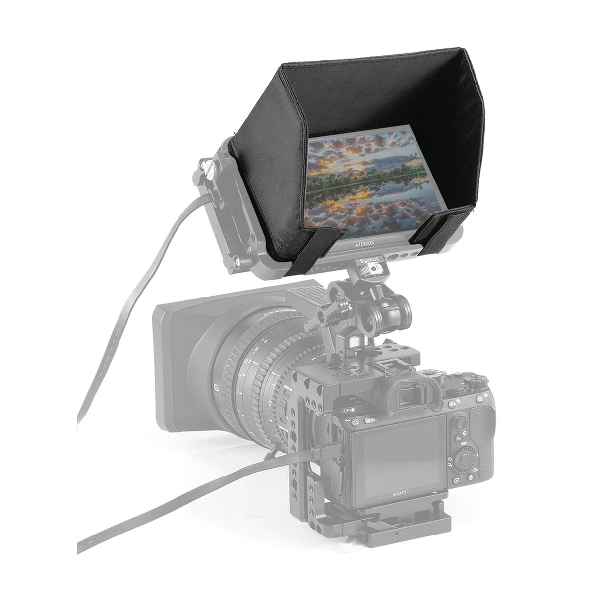 SmallRig 2269 Sunhood für Atomos Ninja V (passender Sonnenschutz für Cage 2209) - Anwendungsbeispiel: Monitor mit Sonnenblende auf Kamera
