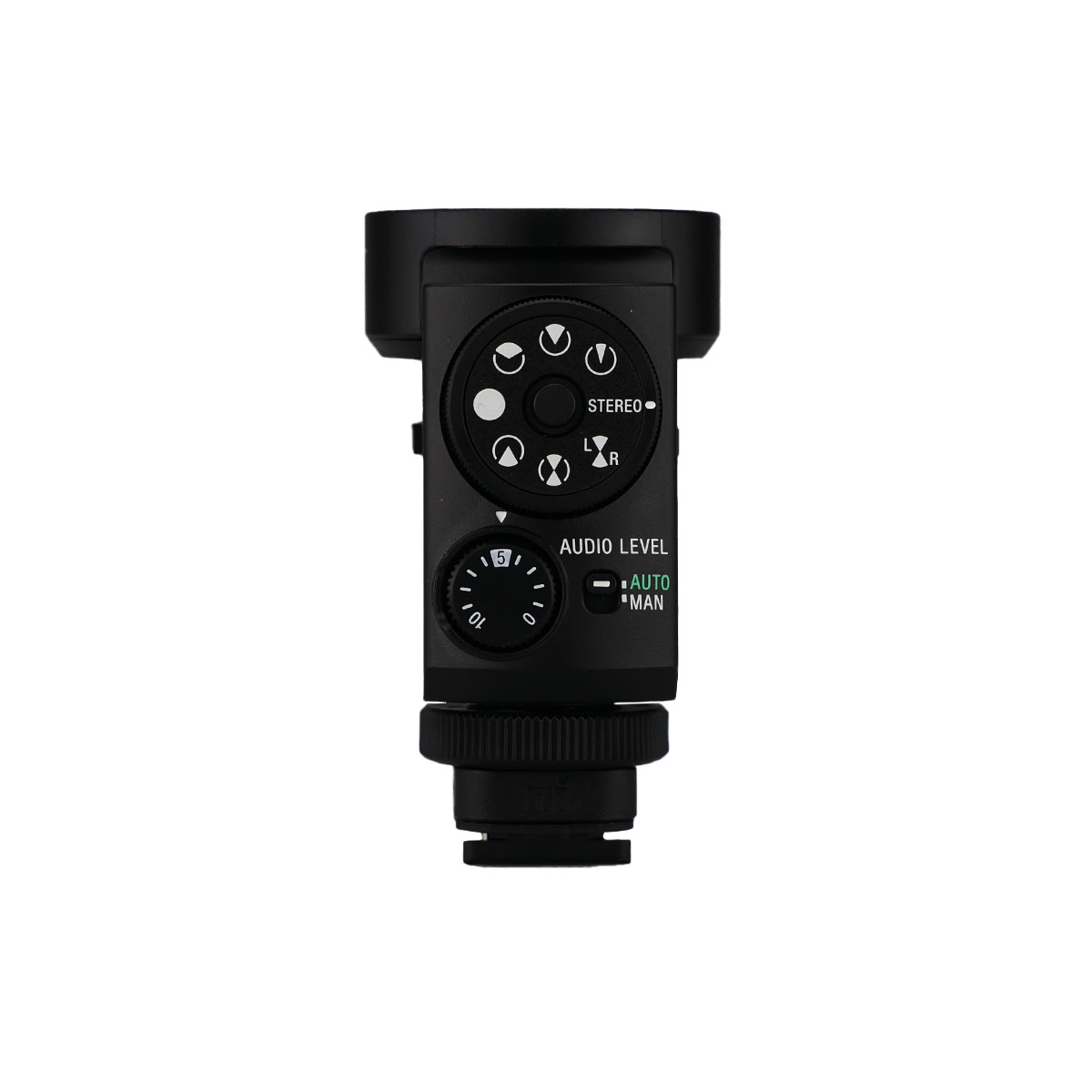 Das Sony ECM-M1 Shotgung Mikrofon von vorne auf weißem Hintergrund fotografiert mit den acht unterschiedlichen Modi und weiteren tasten zur Bedienung im Blick