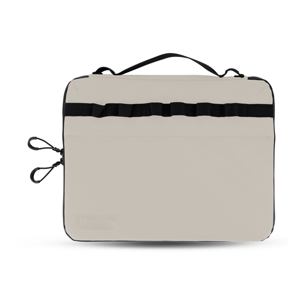 WANDRD Laptop-Tasche 14" Tan - Frontansicht eines beigen Tech-Etuis mit schwarzem Tragegriff und horizontalen Befestigungsschlaufen.