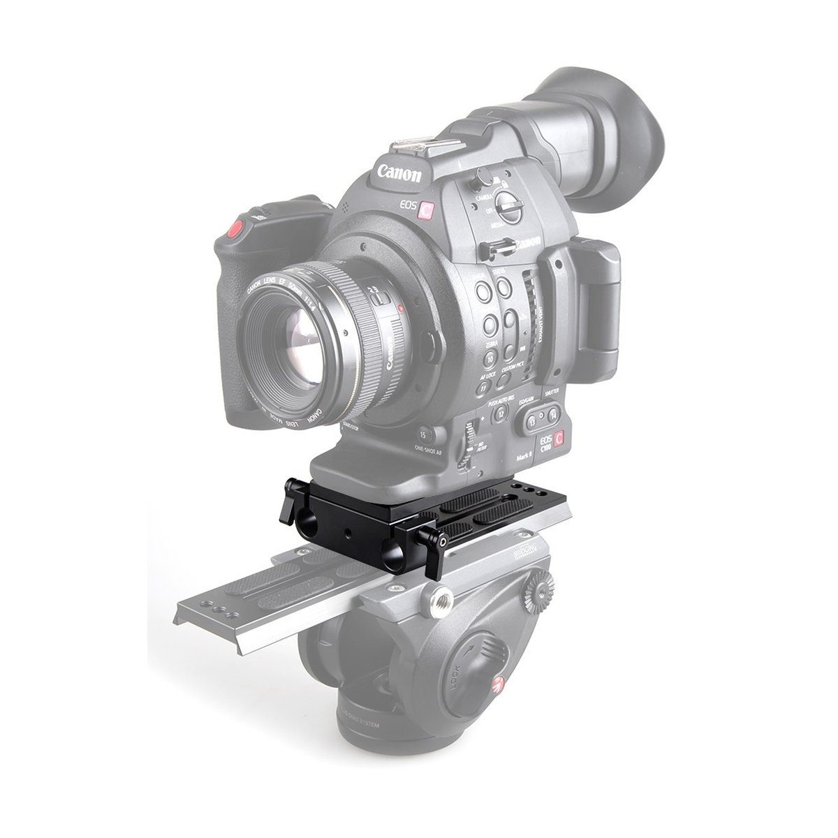 SmallRig 1775 Befestigungsplatte 15 mm mit doppelter 15 mm-Rodaufnahme - Anwendungsbeispiel: Schwarze Basisplatte montiert unter einer Canon EOS Kamera auf einem Stativkopf