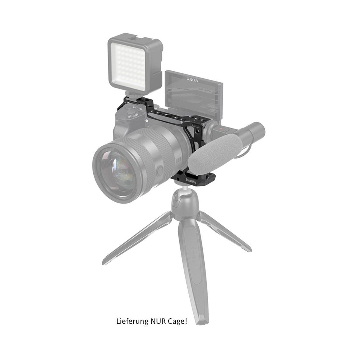 SmallRig 2493 Cage für Sony A6600 - Anwendungsbeispiel: Schwarzer Kameracage montiert an Kamera mit Zubehör. Lieferung NUR Cage!