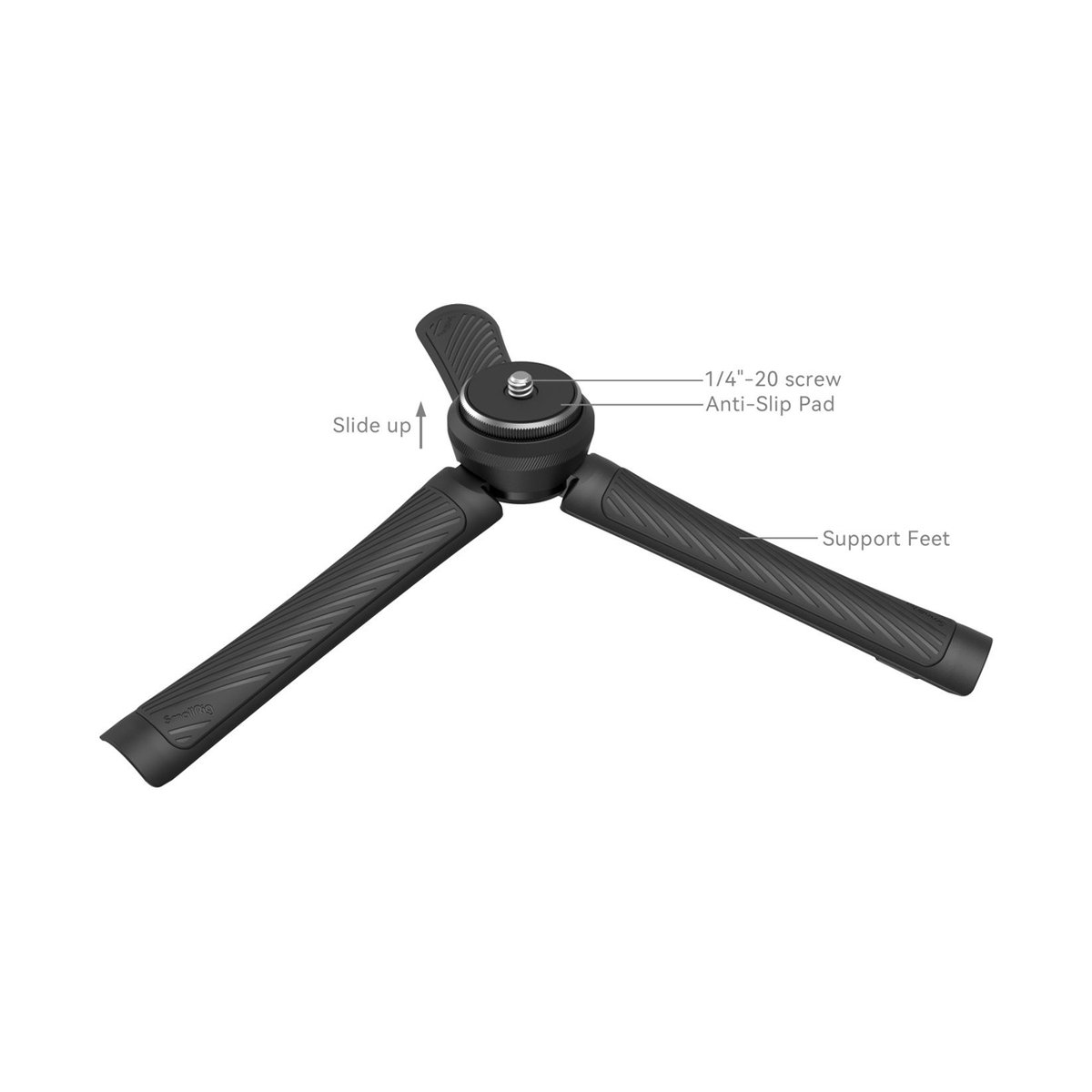 SmallRig 4117 Mini-Quick-Release Tripod - Detailansicht Mini-Stativ mit Beschriftungen für 1/4"-20 Schraube, Anti-Rutsch-Pad und Stützfüße