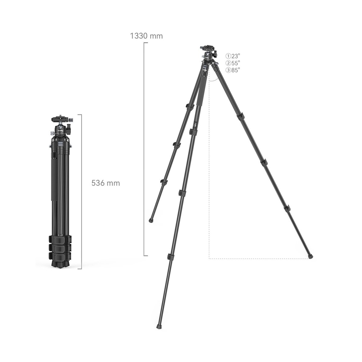 SmallRig 4060 Carbon-Stativ mit Mittelsäule AP-10 - Technische Abmessungen Stativ: ausgeklappt, zusammengeklappt, Beinwinkel.
