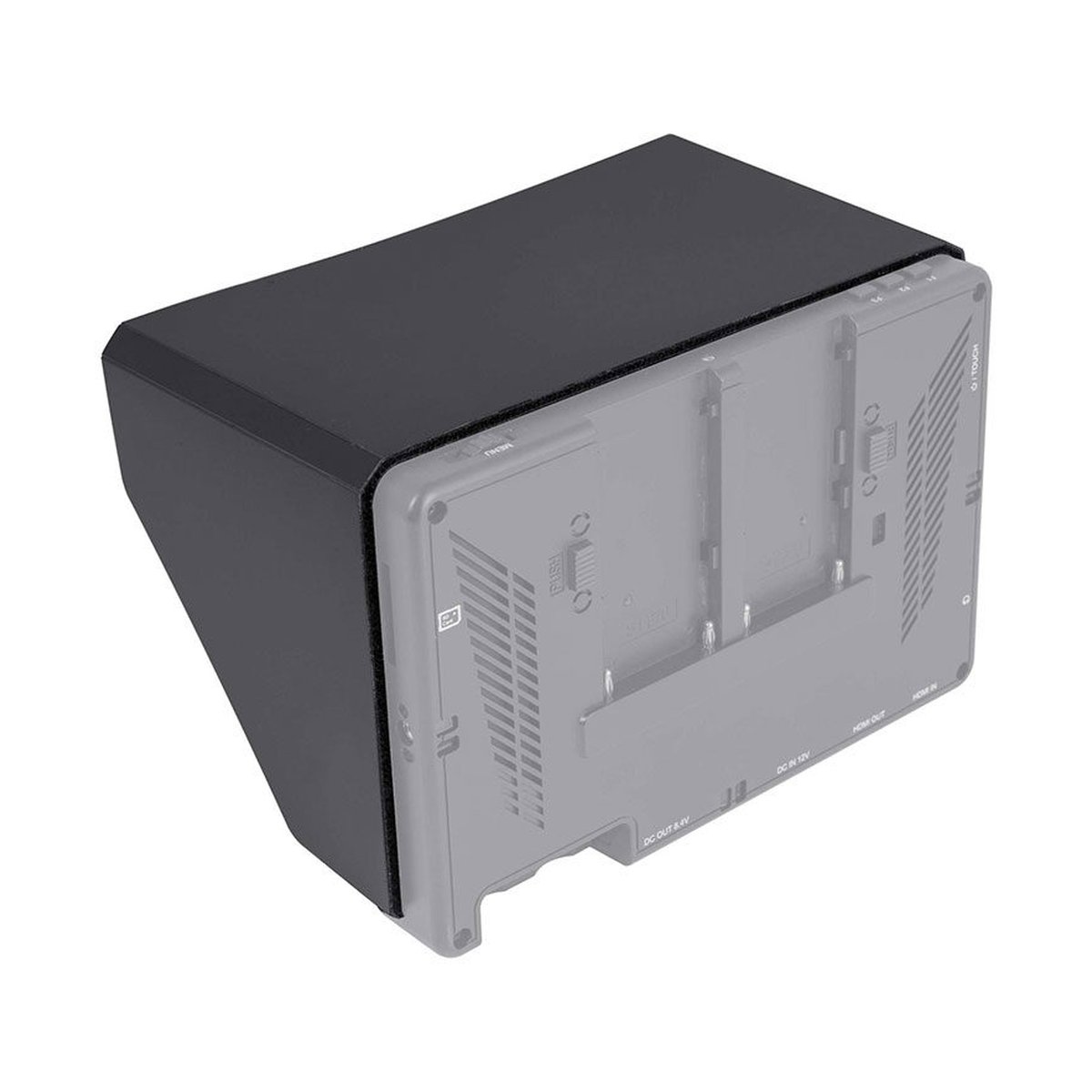 Feelworld Sun shade hood for LUT7 / LUT7S - Anwendungsbeispiel: Schwarze Sonnenschutzblende auf Monitor, schräge Ansicht