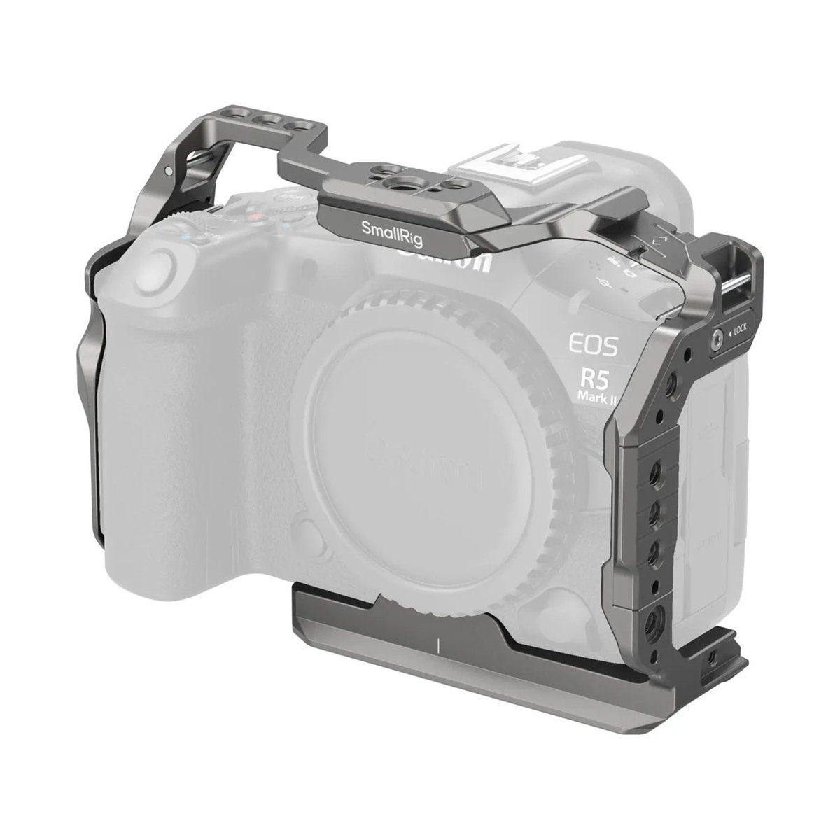 SmallRig 4977 HawkLock QR Cage f. Canon EOS R5 II - SmallRig Kamerakäfig auf Kamera montiert, seitliche Ansicht