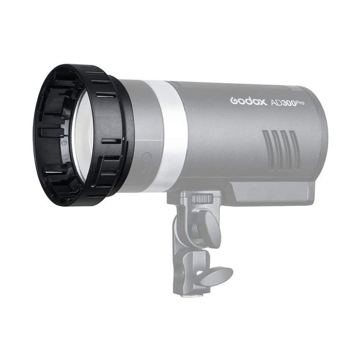 Godox AD-AS Adapterring - Godox AD300Pro Blitz, Frontalansicht mit Bajonett-Mount und Logo.