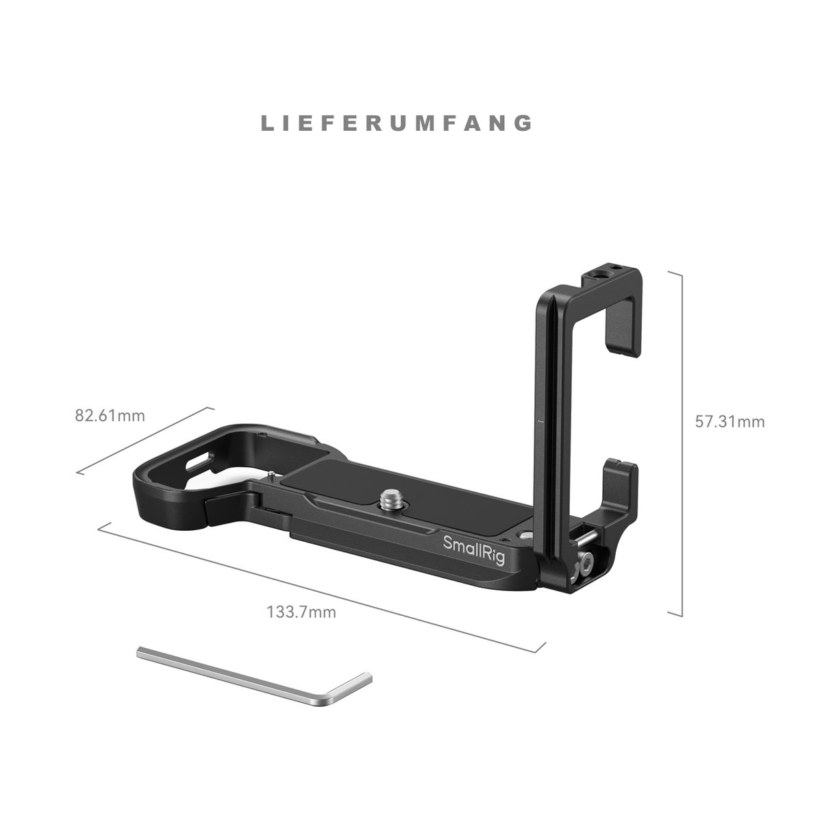 SmallRig 4569 L-Bracket für Sony Alpha 7C II/Alpha 7CR - Lieferumfang: Kamera-L-Bracket mit Abmessungen und Inbusschlüssel.