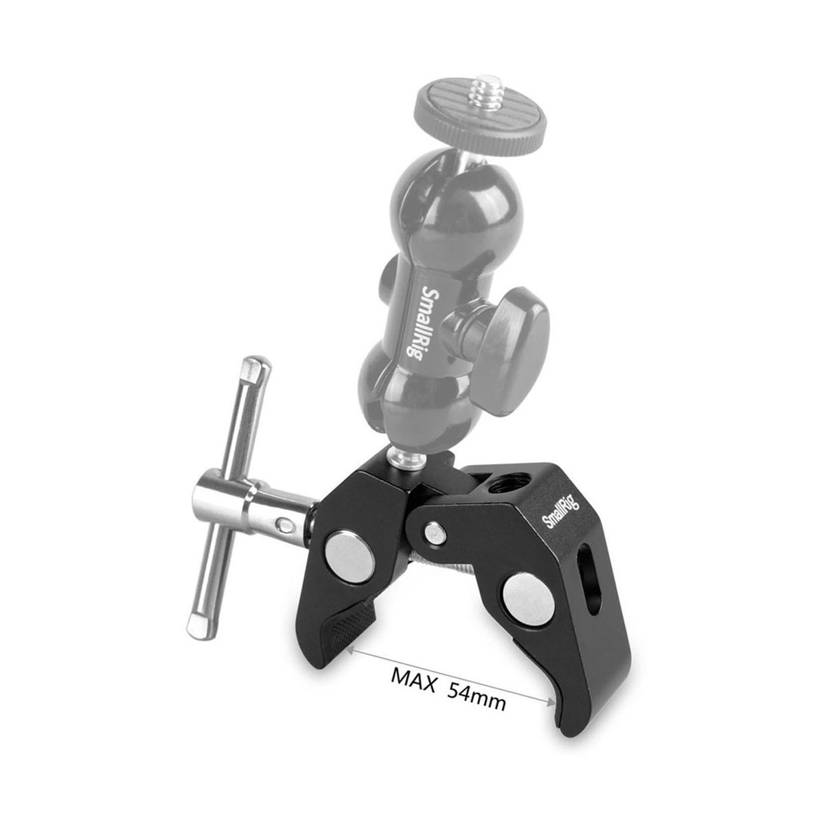 SmallRig 735 Super Clamp mit 1/4" und 3/8" Gewinde - Detailansicht der SmallRig Klemme mit Messangabe 'MAX 54mm'.