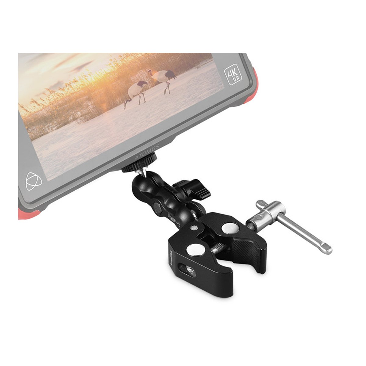 SmallRig 2164 Super Clamp mit Ballhead Gelenkarm (Crab-Shaped) - Anwendungsbeispiel: SmallRig Super Clamp und Magic Arm halten einen Atomos Kameramonitor.