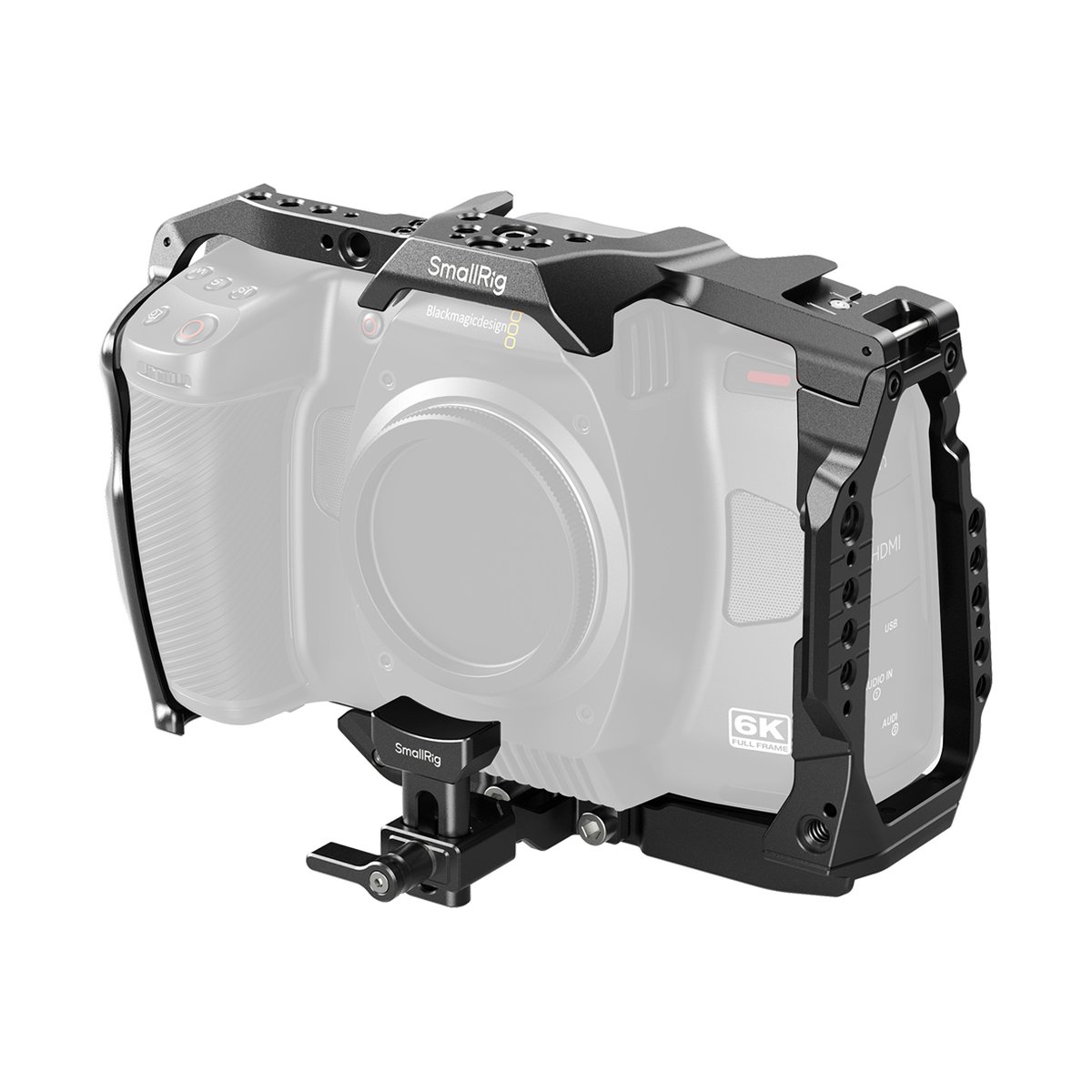 SmallRig 4785 Camera Cage f. BMCC 6K (Vollformat) - SmallRig Kamerakäfig für Blackmagic Design Kamera, 3/4 Ansicht von vorne rechts.