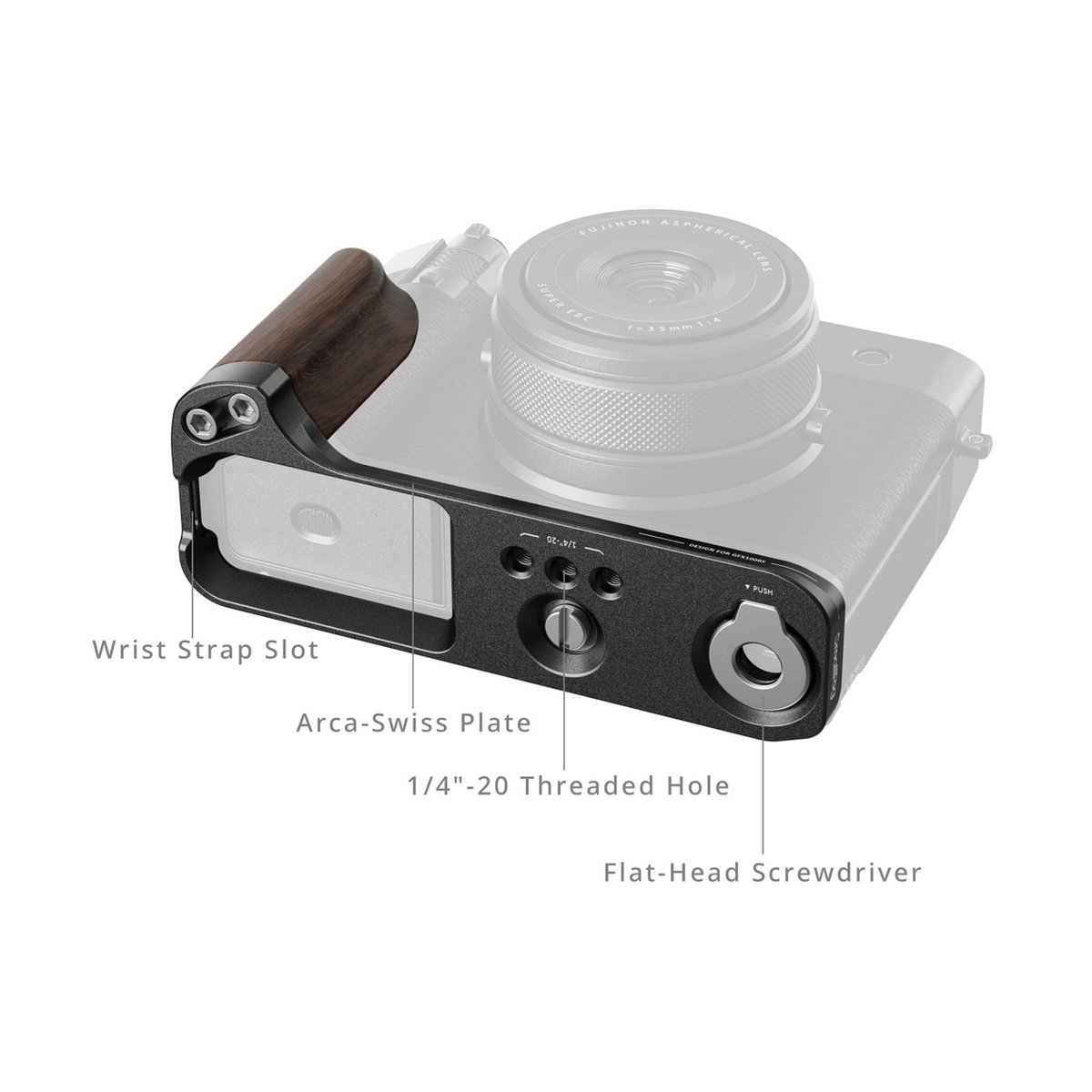 SmallRig 5266 L-Shape Mount Plate with Wooden Handle f. Fujifilm GFX100RF blk. - Detailansicht der Unterseite eines Kamera-L-Brackets mit Arca-Swiss Platte, Stativgewinde und integriertem Schraubendreher.