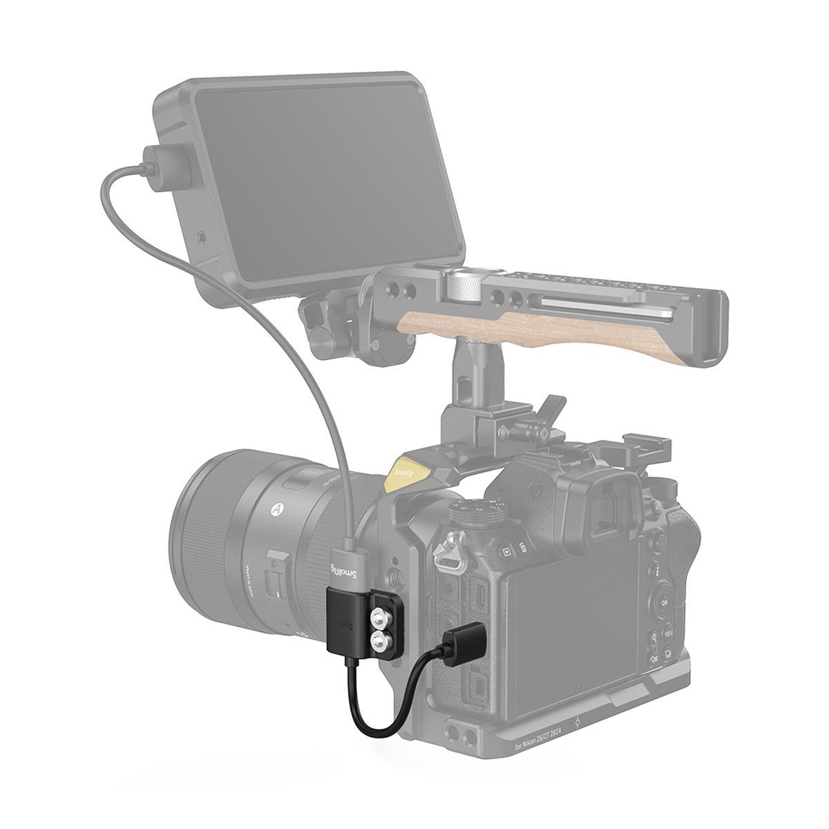 SmallRig 3020 Ultra Slim 4K HDMI Adapterkabel C auf A - Anwendungsbeispiel: SmallRig HDMI-SDI Konverter an Kamera-Rig mit Monitor.