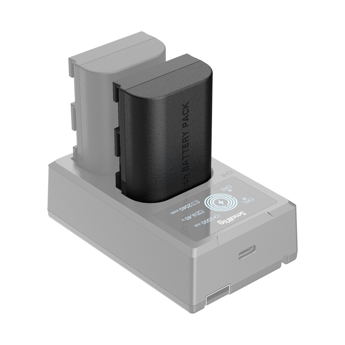 SmallRig 4071 LP-E6NH Camera Battery, Li-Ion Akku - Anwendungsbeispiel: Zwei Akkus im SmallRig Dual-Ladegerät, einer wird geladen; Ladeanzeige mit Werten.