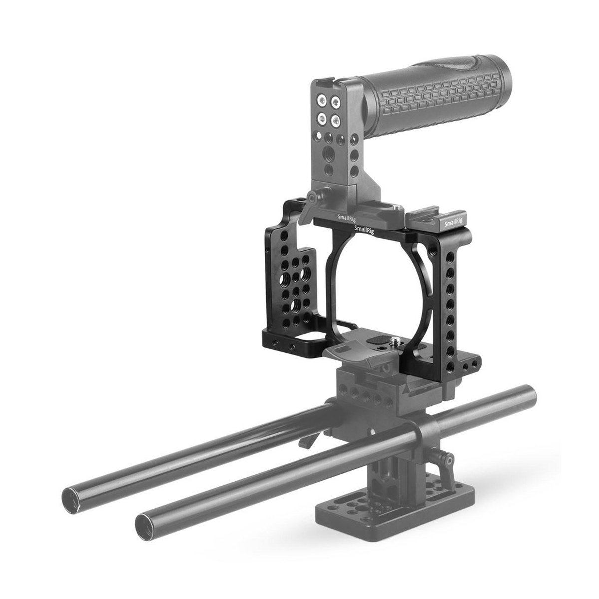 SmallRig 1661 Kamera-Cage für Sony - Montageansicht eines SmallRig Kamera-Rigs mit Top-Griff, Cage und Rods