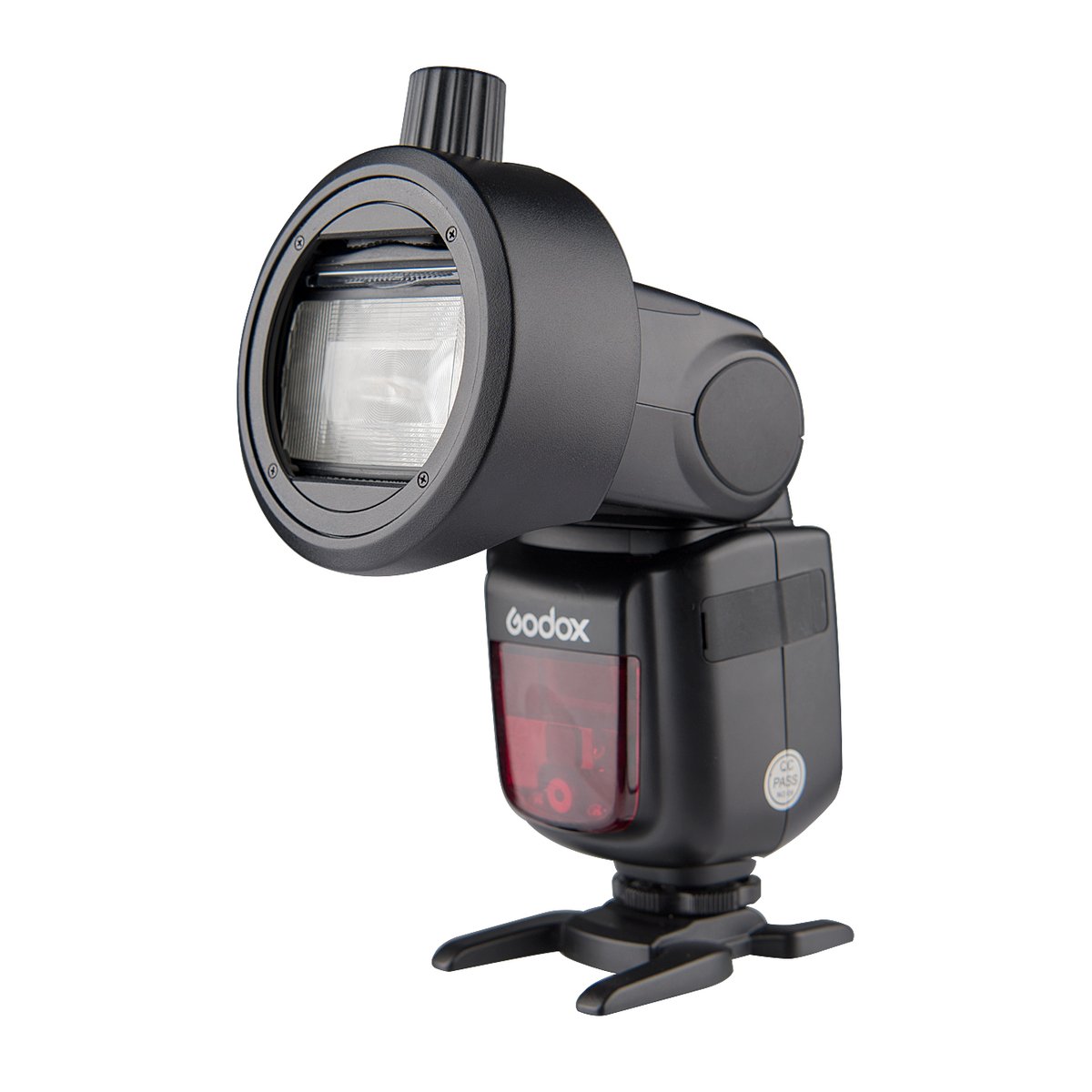 Godox Round Head Accessory Adapter S-R1 - Frontansicht des Godox Kamera-Blitzgeräts auf Standfuß