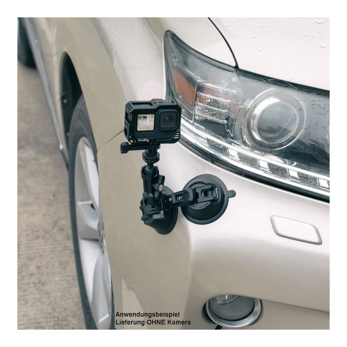 SmallRig 3566 SC-2K Portable Doppel-Saugnapf-Kamerahalterung - Anwendungsbeispiel: Saugnapfhalterung mit Actionkamera an Fahrzeugfront montiert.