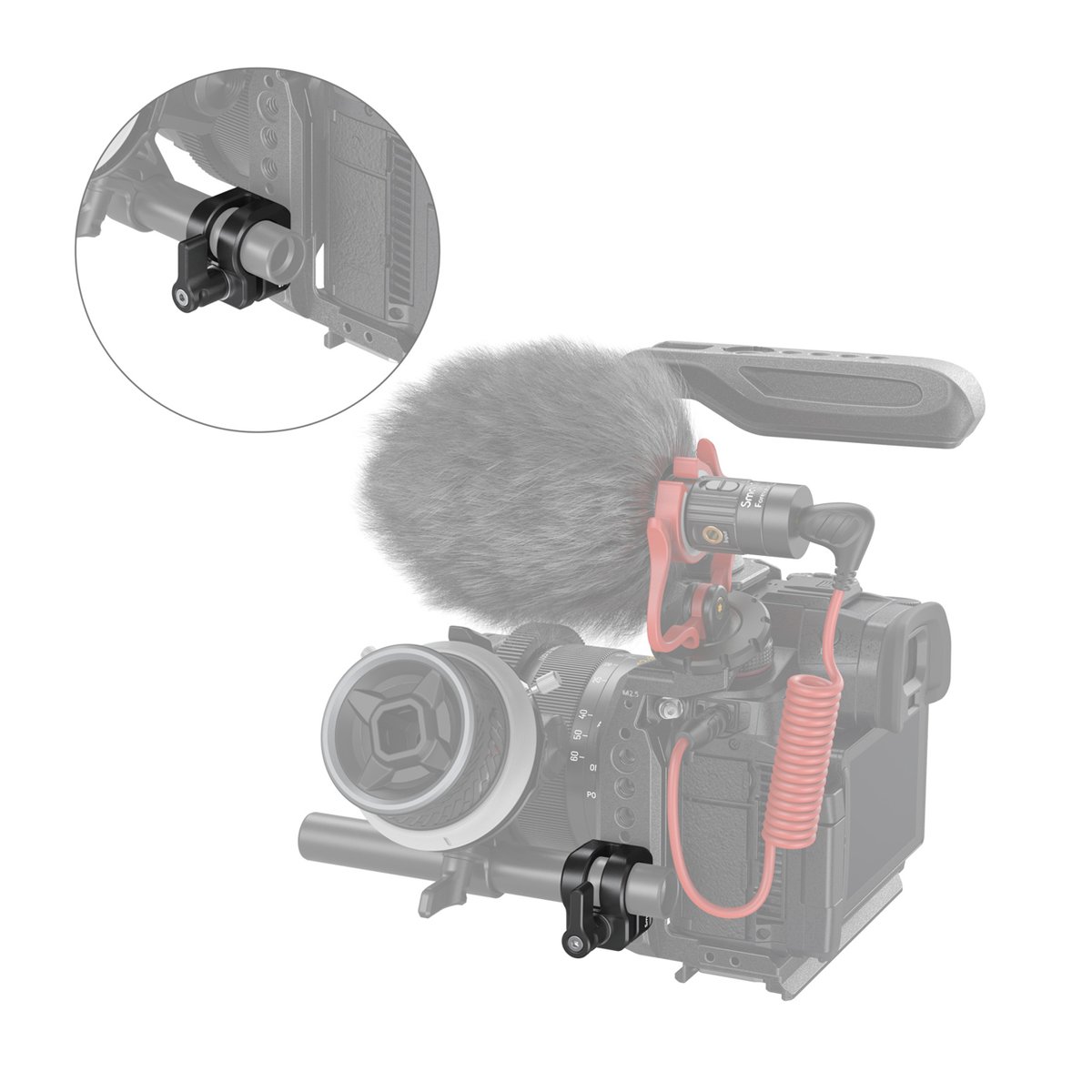 SmallRig 3598 Einzelstabklemme 12 mm / 15 mm - Anwendungsbeispiel am Kamerarig mit Detailansicht der Stangenklemme